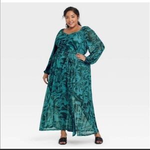 NWOT Ava & Viv Blue & Gray Balloon Sleeve Cinched Swirl Print Mesh Maxi Dress